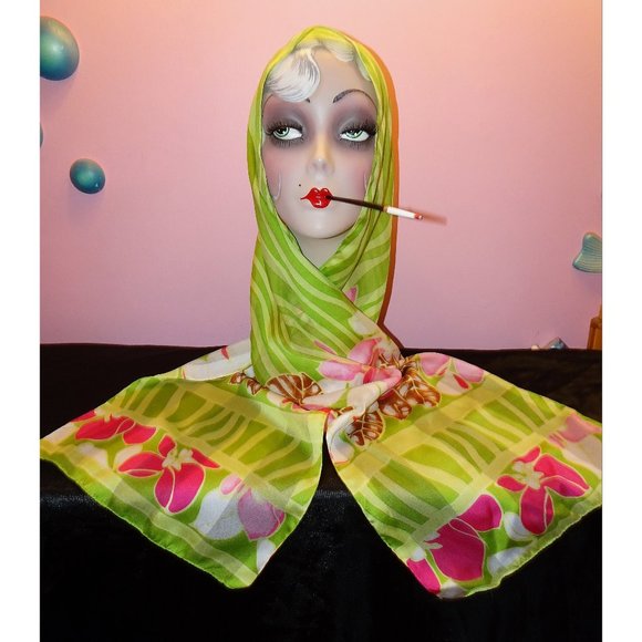 Vintage Green & Pink Floral Scarf tropical boho neck scarf pinup retro - Picture 2 of 10